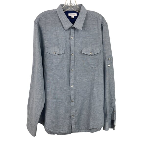 Calvin Klein Mens Blue Long Sleeve Roll Tab Button-Up Shirt Size Large - Picture 1 of 8